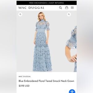 Mac Duggal Blue Embroidered Floral Tiered Smock Neck Gown size 12